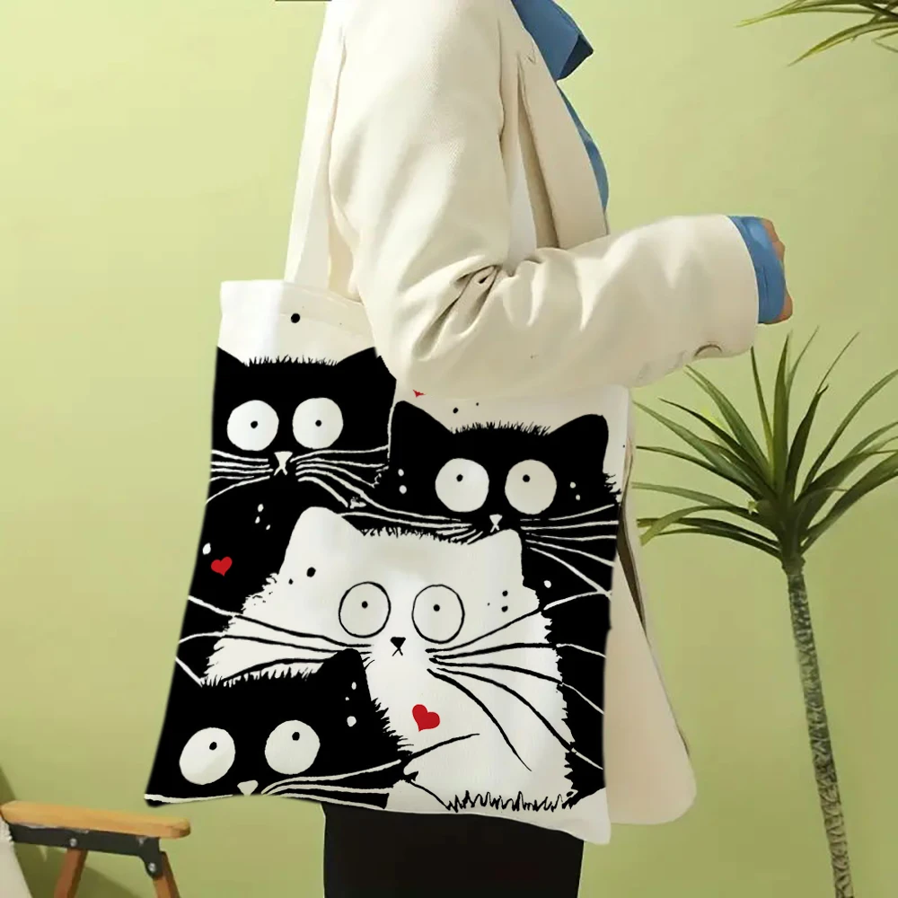 Simpatico gatto Shopping Generi alimentari Riutilizzabile Regalo per ragazza della scuola Borsa tote in lino Andeiltech per donna Estetica senza