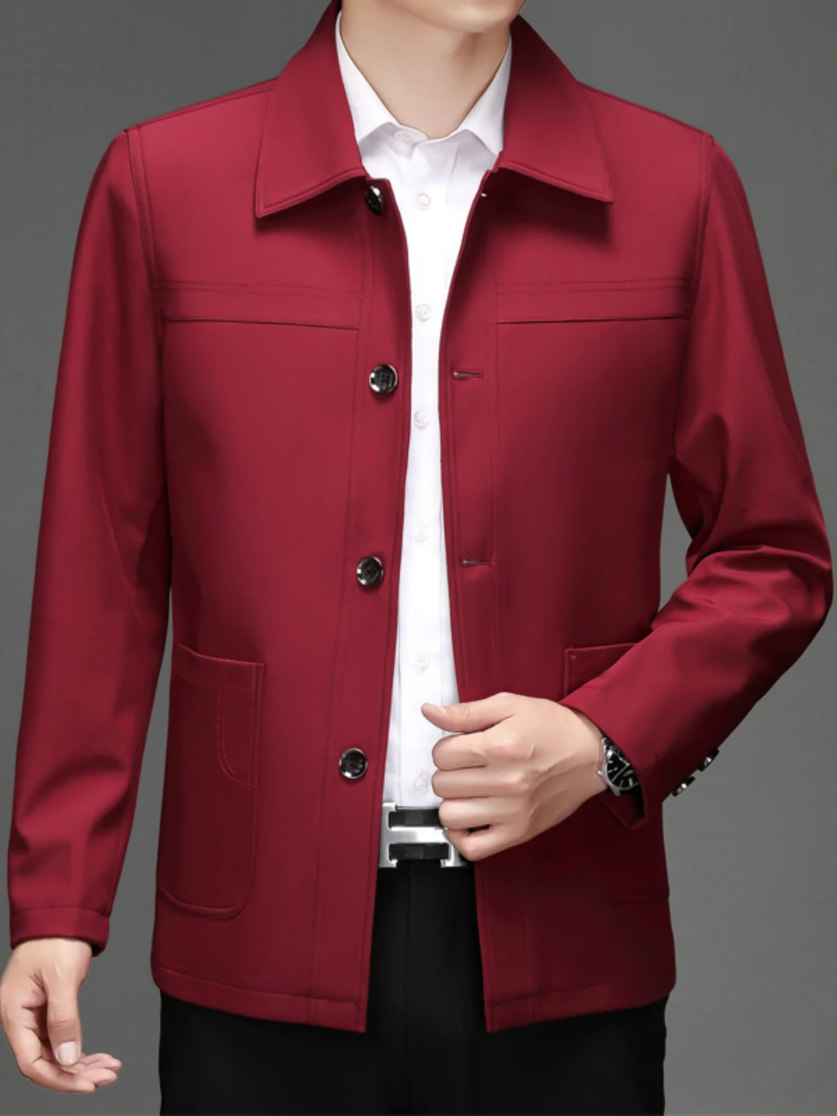 

New Chinese Sle Men's Jaet Large Size Button Windbreaker Dad andpa Wine Red Outerwear Top Faion Urban Commute Sle