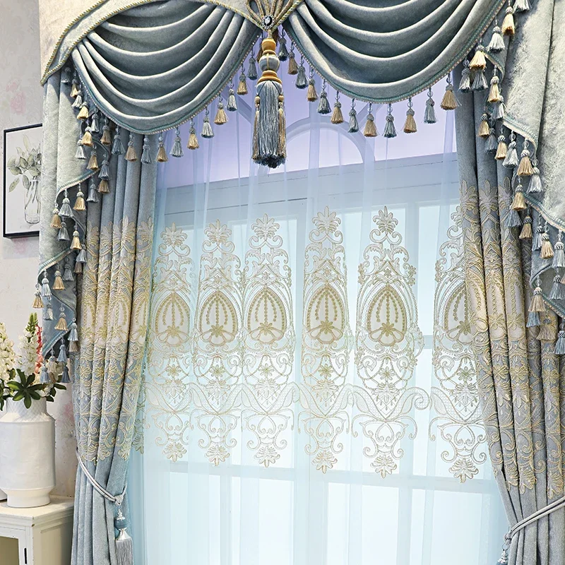 High-end European Embroidered Curtains New Living Room Floor Window Blackout Bedroom Floating Window Customized