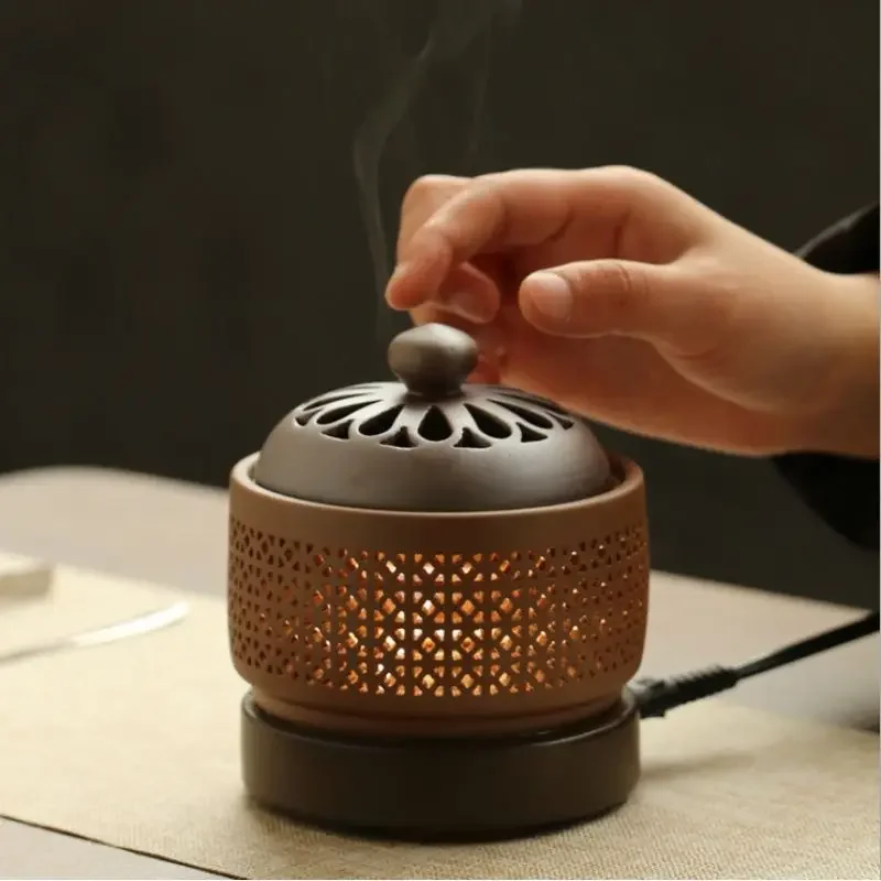 Yixing 110V/220V Electric Essential Oil Furnace Timing Ceramic Night Light Sandalwood OUDH Powder Incense Burner for Home Decor