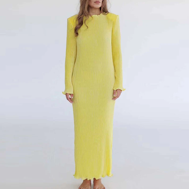 س الرقبة طويلة الأكمام بلون الربيع فستان كاجوال موضة المرأة مطوي سبليت فستان الحفلات مكتب بسيط فضفاض رداء فساتين