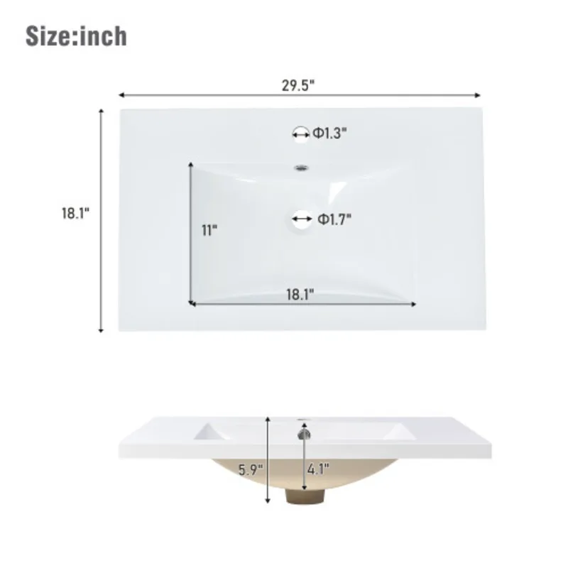 

FENGSHUO 30x18 Inch Rectangular White Single Hole Bathroom Resin Sink Suitable For Vanity Top Sink Excluding Faucet And Cabinet