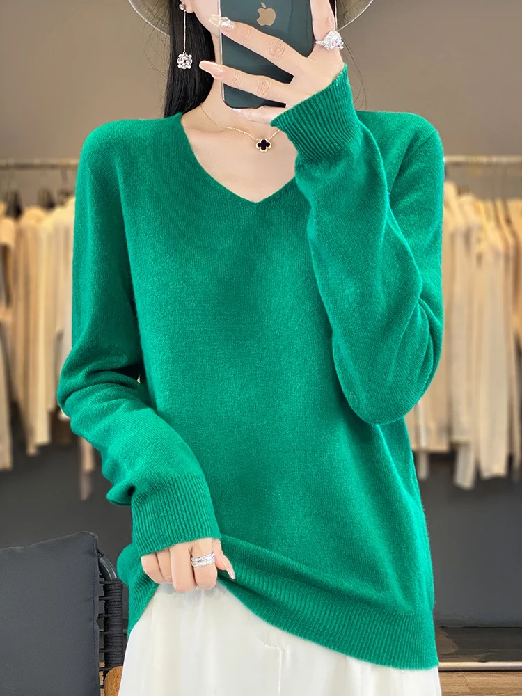 New Women's V-neck First-line Ready-To-Wear Sweater Long Sleeve Jumper Loose Fashion Comfortable Solid Color Sweater-ZD047