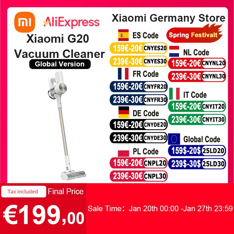 Global Version Xiaomi Vacuum Cleaner G20 150AW Suction LED Searchlight Long Battery Life Versatile