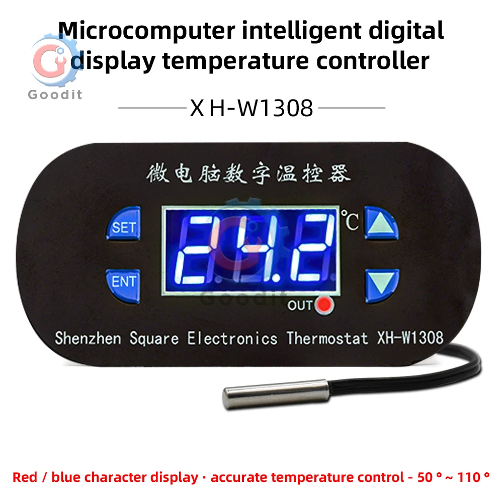 W1308 Digital Temperature Controller -55℃~110℃ AC110V/220V with Alarm & Lock, NTC Probe, Blue/Red Display 10A Relay Output