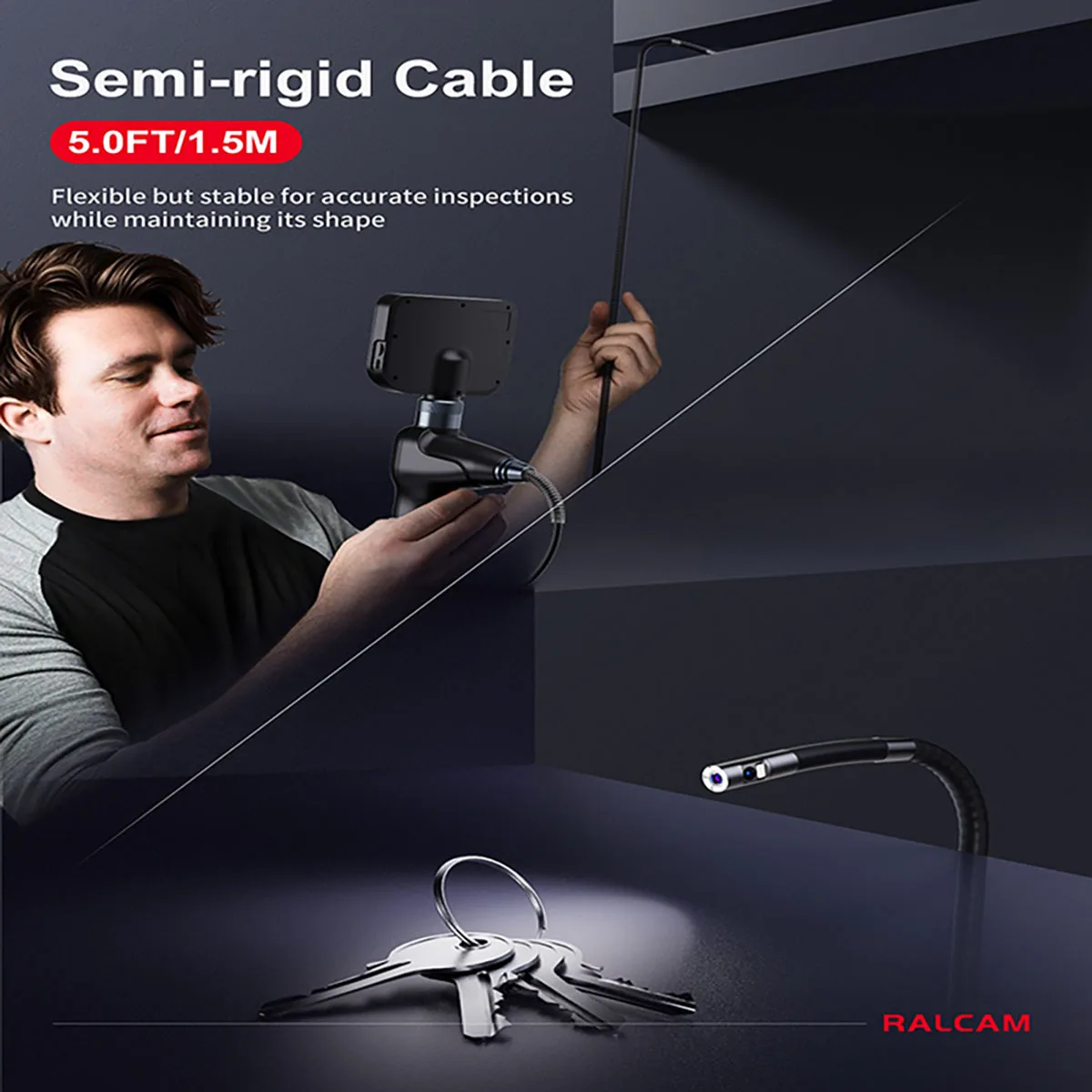 RALCAM Two-Way 360° Articulating Borescope 5 inch Screen,6.5mm Steerable Probe Inspection Camera 6+1 LED Automotive Endoscope