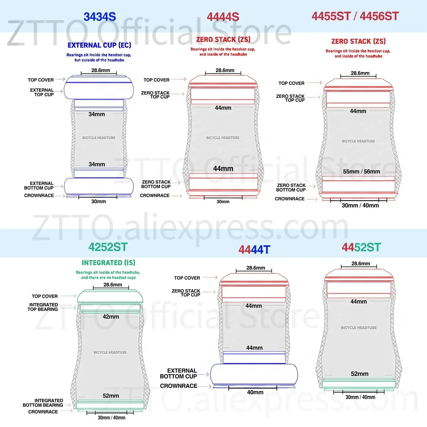 ZTTO Bicycle Headset 42mm 44mm 56mm ZS44 IS42 IS52 ZS56 1-1/8