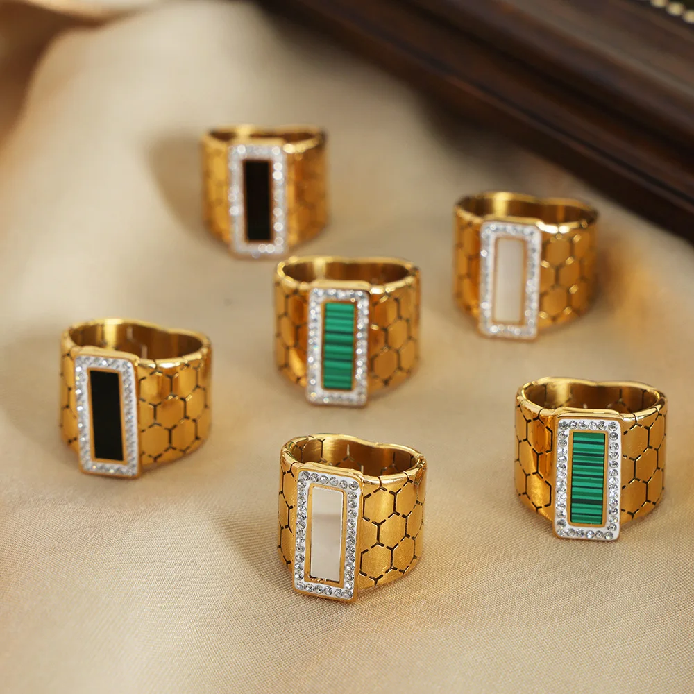 Trendy Stainless Steel Ring for Women Luxury Black Acrylic Turquoise Square Crystal Gold Plated Ring Punk Fashion Jewelry Gift