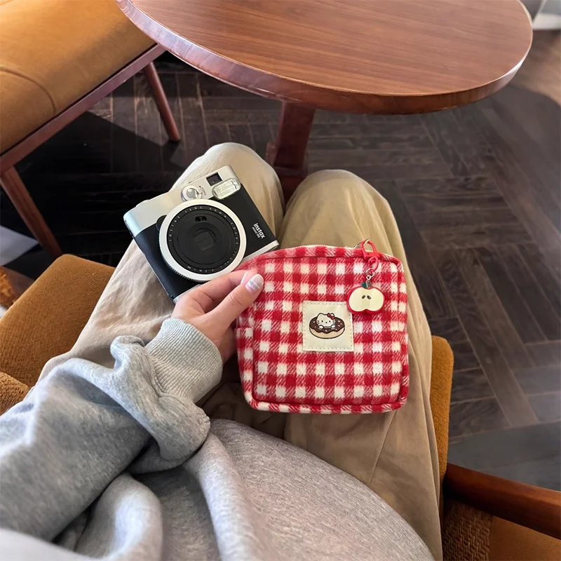 

Cute Hello Kitty Red Checkered Large Capacity Makeup Bag Kawaii Pendant Apple Lipstick Camera Portable Storage Bag Girl Woman