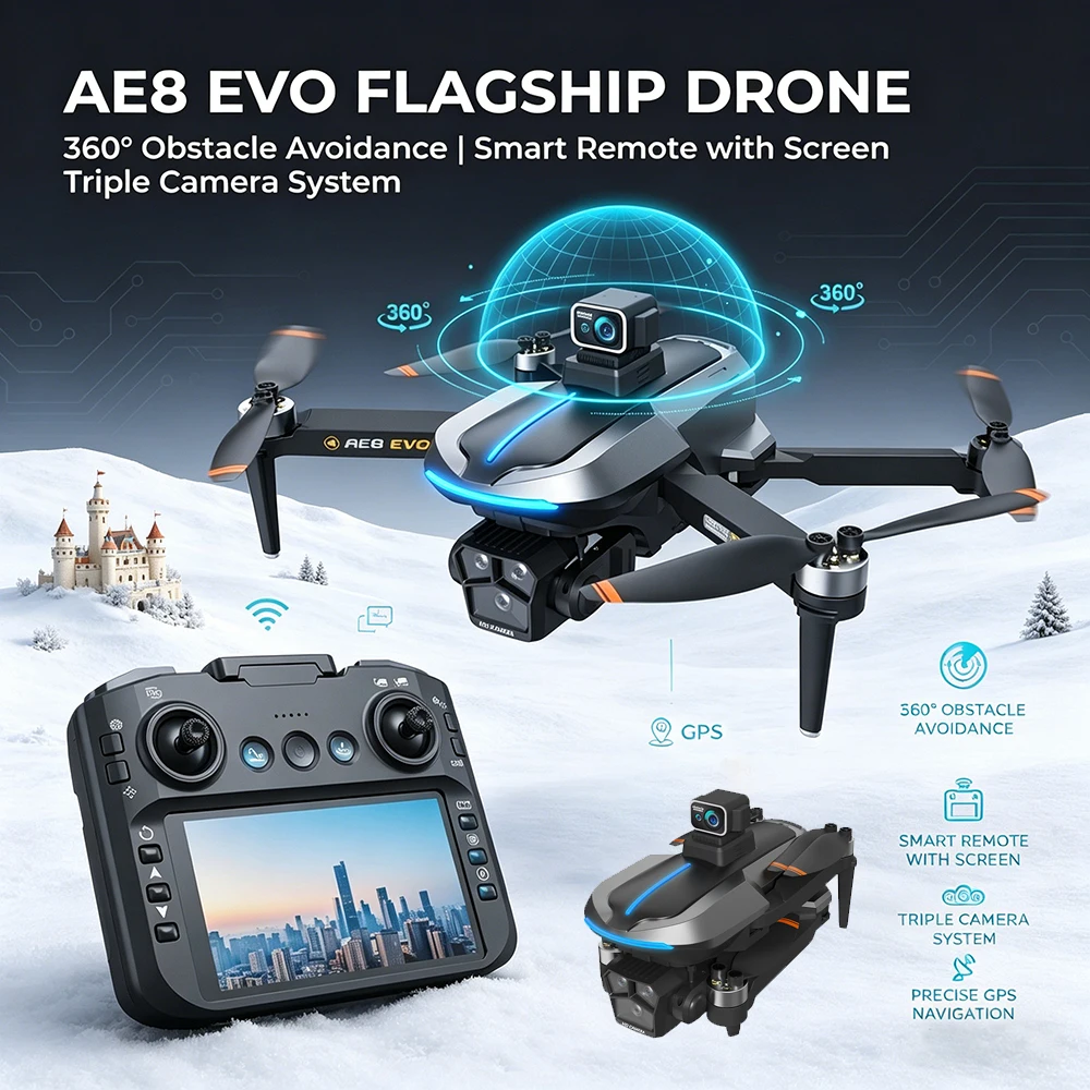 AE8 EVO Drone GPS 8K Professional HD 360° Dual Cameras 5G WIFI Brushless Motor Obstacle Avoidance Screen Foldable Quadcopter Toy