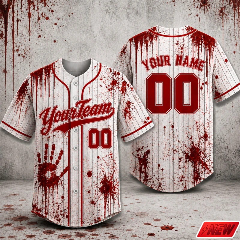 Custom Name Baseball Jersey Men Halloween Quick Dry 3D Print Stripe Blood Handprint Pattern Shirt Unisex Horror Style Party Top