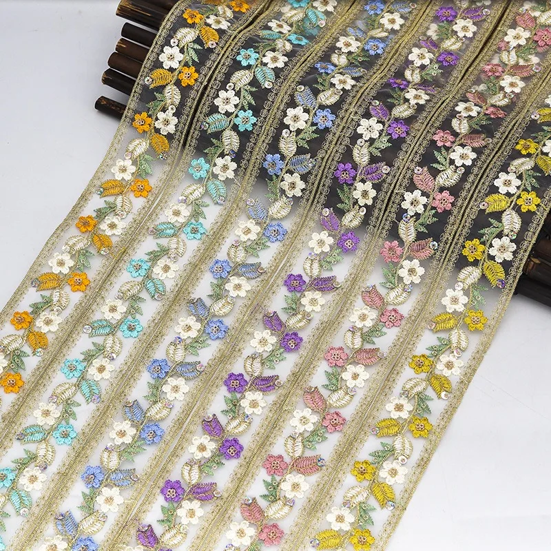 1 Yards 4.5cm Wide Organza Sequined Embroidery Trim Ethnic Apparel Embellishment for Cuffs Collars DIY Craft