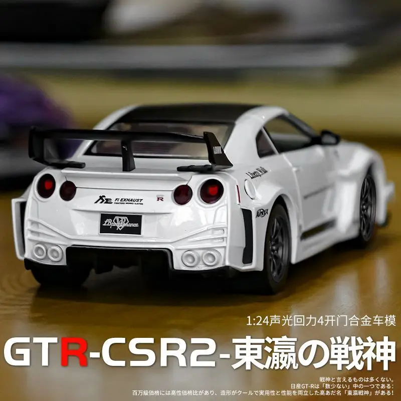 

1:24 Nissan GT-R CSR2 Diecast Alloy JDM Sports Car Model 4 Openable Doors Sound Light Pull Back for Car Collectors Hobby Display