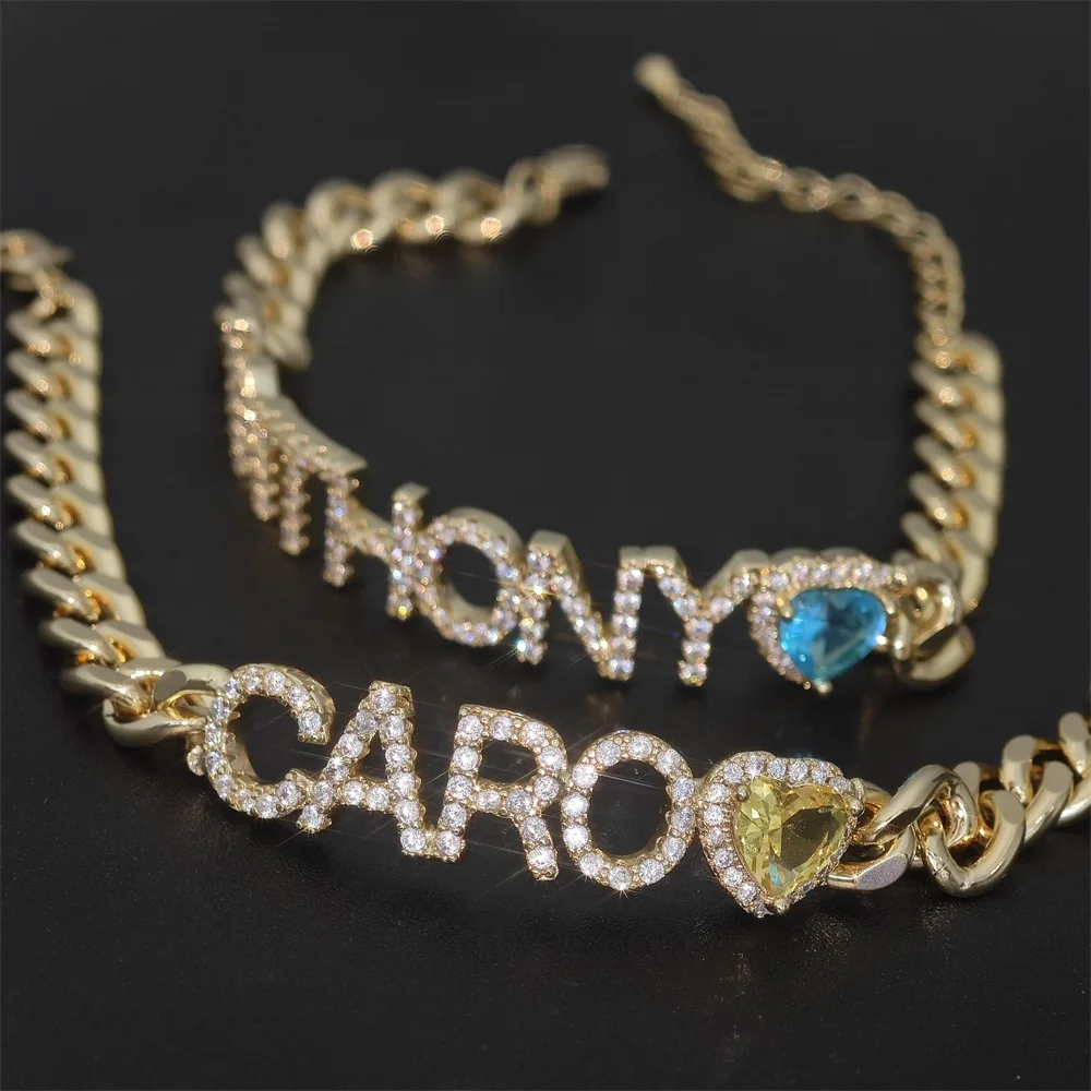 2023 Personalized Heart 12 Birthstone Name Bracelet Custom Letter Chunky Cuban Chain Bracelet For Women Party Jewelry Gifts