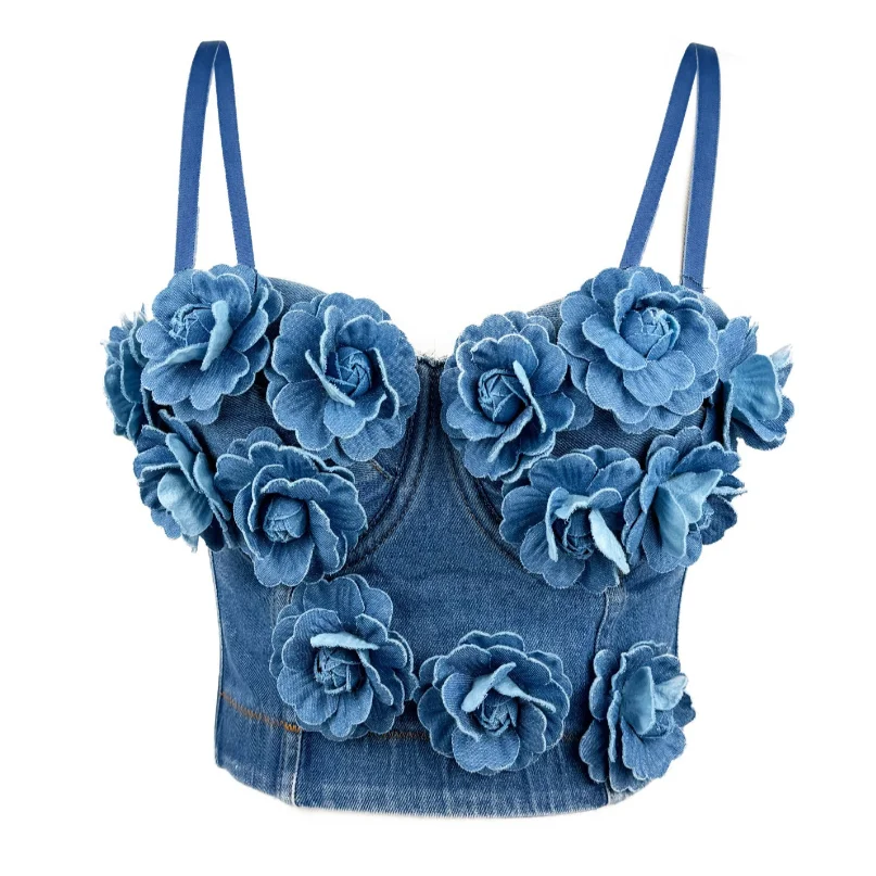 2025 Women's Handmade 3D Floral Denim Corset Bra Top Fishbone Bustier No Elasticity Push Up Bra Sexy Bralette Lingerie w1088