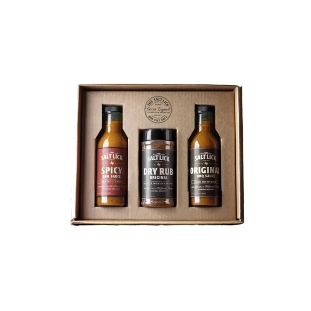 

Salt Lick BBQ Sauce and Dry Rub Gift Pack - Driftwood Texas BBQ Sauces and Seasoning Set Original Dry Rub, Original and Spicy
