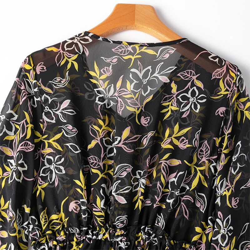 ผู้หญิงผ้าไหม 100% ผ้าไหมหม่อนดอกไม้สีดําพิมพ์โปร่งใส Ruffles เอวสูง V คอโคมไฟแขนยาวชุด M1395