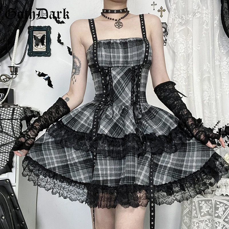 

Goth Dark Mall Gothic Streetwear Cyber Y2K Plaid Corn Straps Backless Mini Dress E-girl Kawaii Lace Stitch Pleated Dresses Party