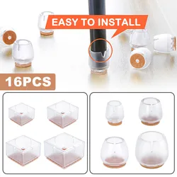Silicone Chair Leg Protectors Transparent with Non-Slip Felt Pad, Round/ Square Table Covers for Floor Protection 16PCS