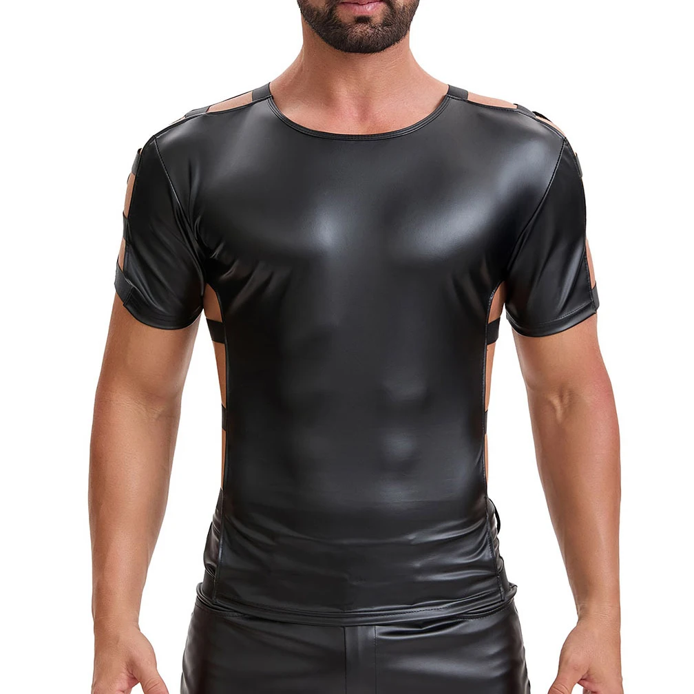 Two Styles Stylish Men's Faux Leather Tops Short Sleeve/Sleeveless T Shirts Slim Fit Sexy Punk Nightclub Stage Club Vest Tees
