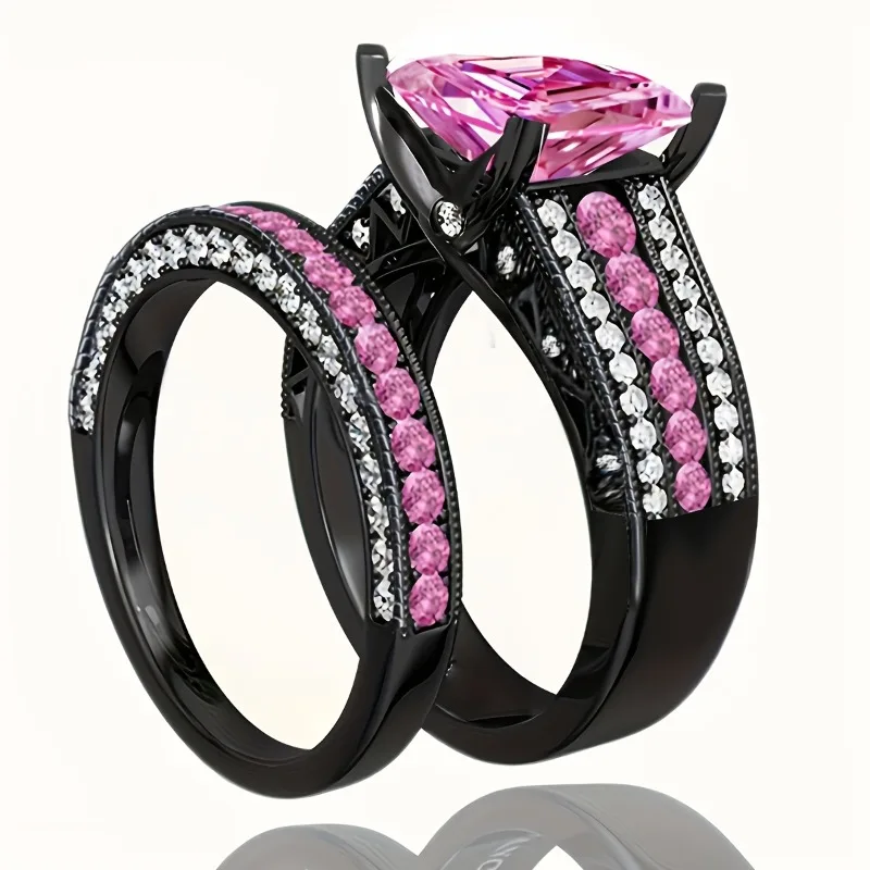 سحر زوجين خواتم الرجال السود خاتم الوردي زركون المرأة خاتم مجموعات عيد الحب هدية الزفاف غرامة مجوهرات