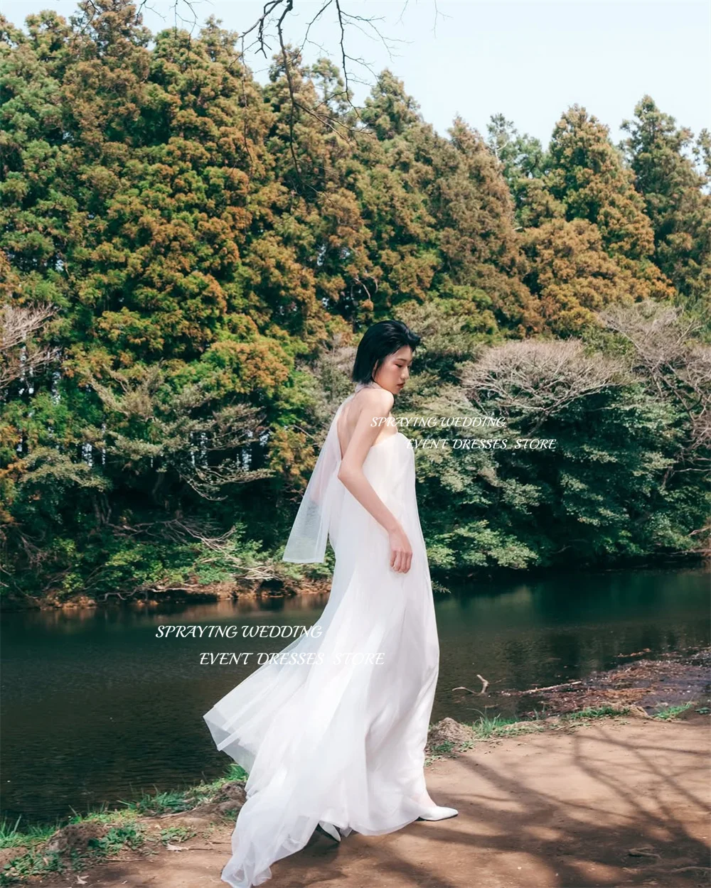 SPRAYING Ivory Tulle Wedding Dress Korea Photo Shoot Strapless Sleeveless Bridal Gowns A line Long Corset Customized 웨딩드레스