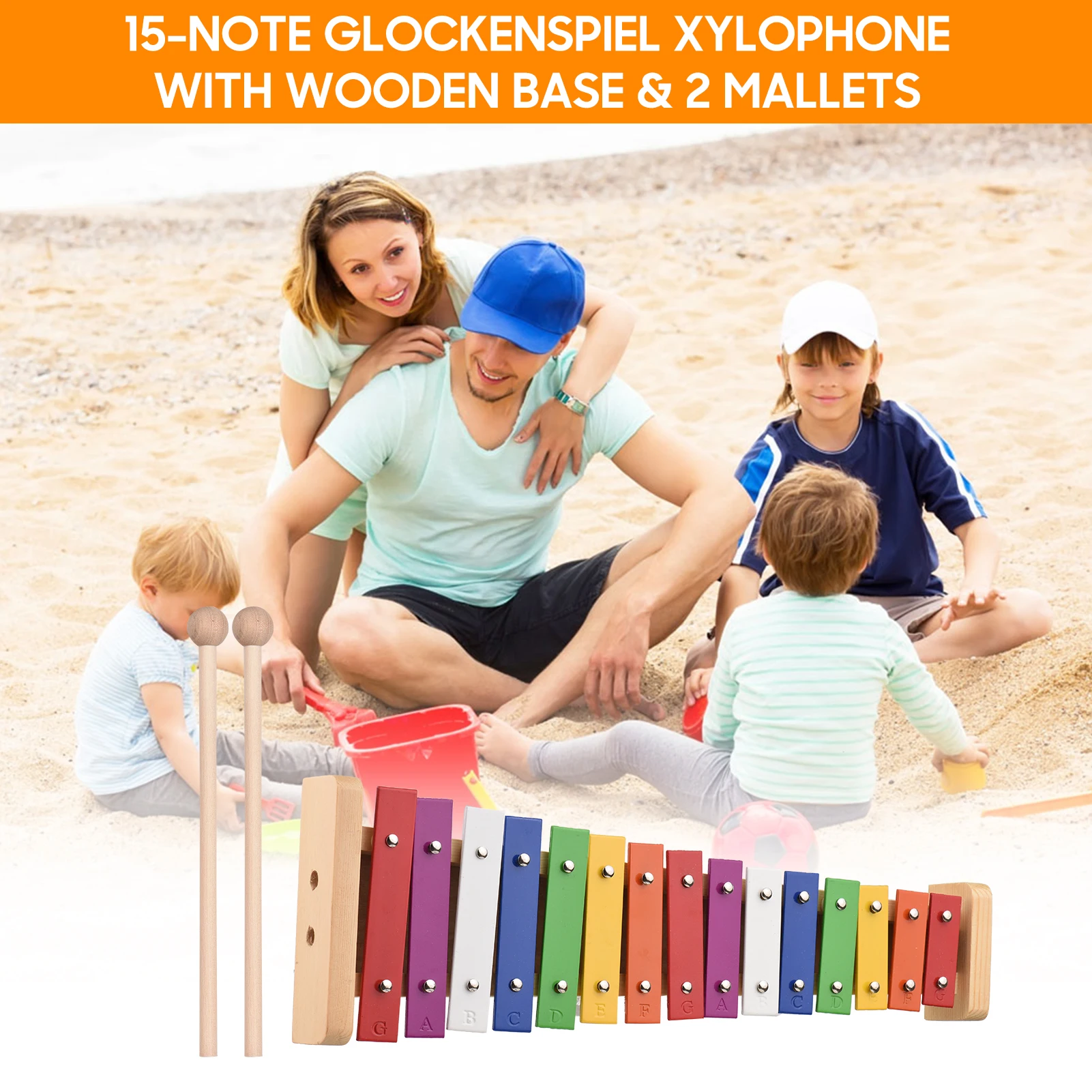 15 Note Glockenspiel Xylophone Wooden Base Colorful Aluminum Bars with 2 Mallets Educational Musical Instrument Percussion Gift view 6