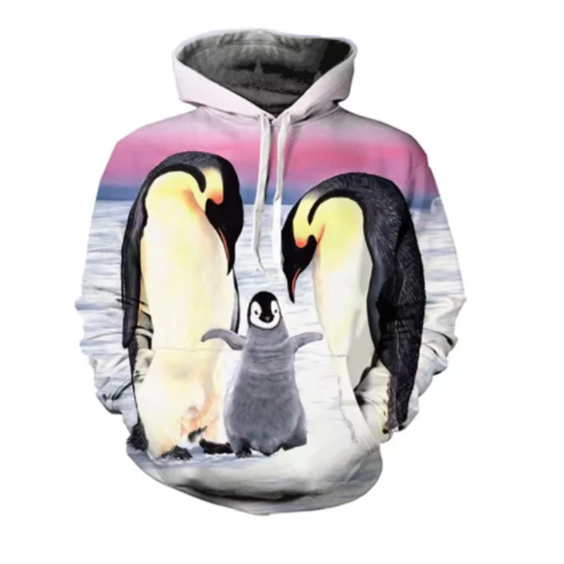 Cute Penguin Pattern Hoodie Animal 3D Print Men Women Streetwear Hoodies Oversized Pullovers Hooded Sweatshirts Kid Top Clothing