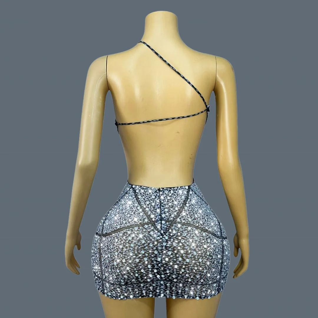 Luxury Sparkly Full Silver Crystals Mini Dress Hollow Out Low-cut Cocktail Dresses Club Bar Event  Party Sexy Dress Yuezhaohua