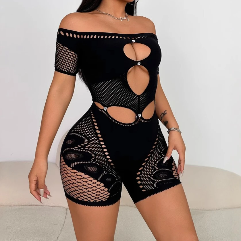 Women Playsuits Solid Rompers Lace Hollow Out Sheer Slash Neck Short Sleeves Mini Length Pants Slim Sexy Streetwear 2025 Summer