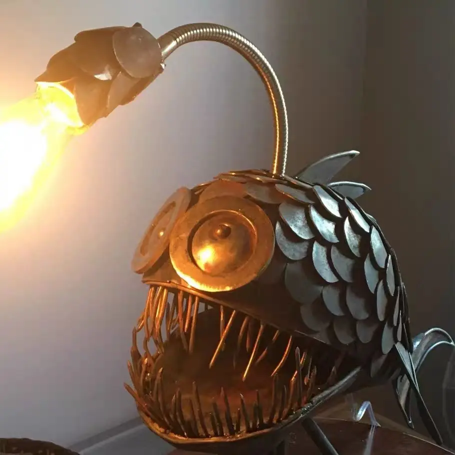 Vintage Retro Metal Angler Fish Floor Lamp Fishing Decor Ornament Creative USB LED Lighting for Home Office