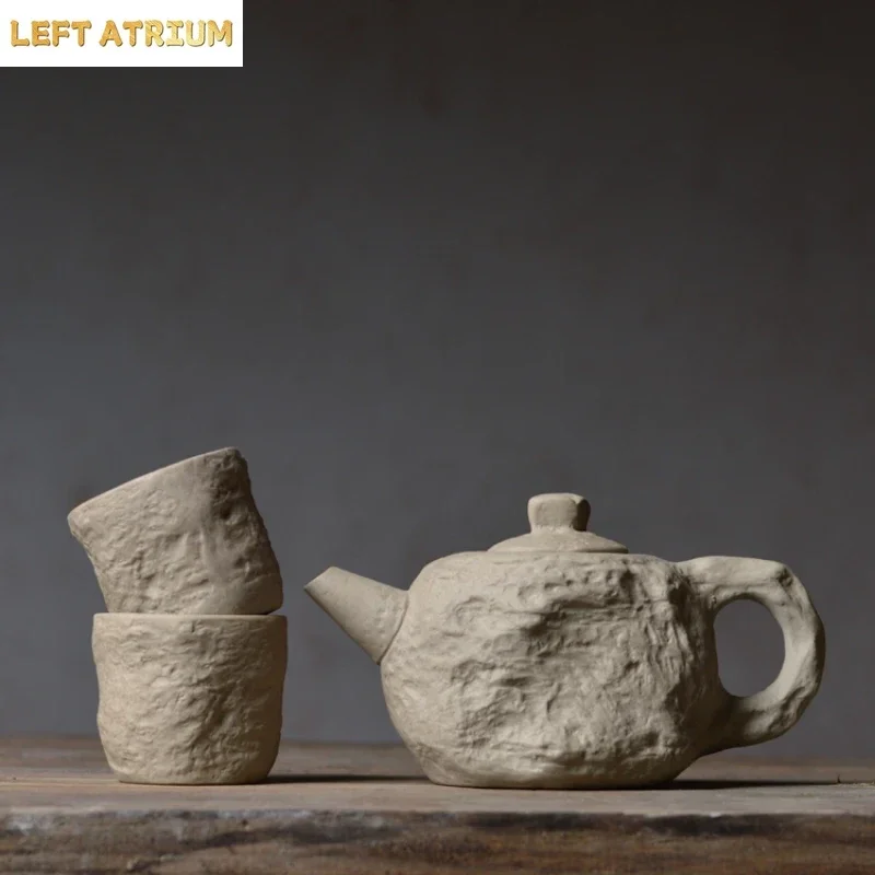 Hard stone imitation stone teapot teacup One Teapot two teacups rock mud rough pottery handmade ceramic tea set tea pot set