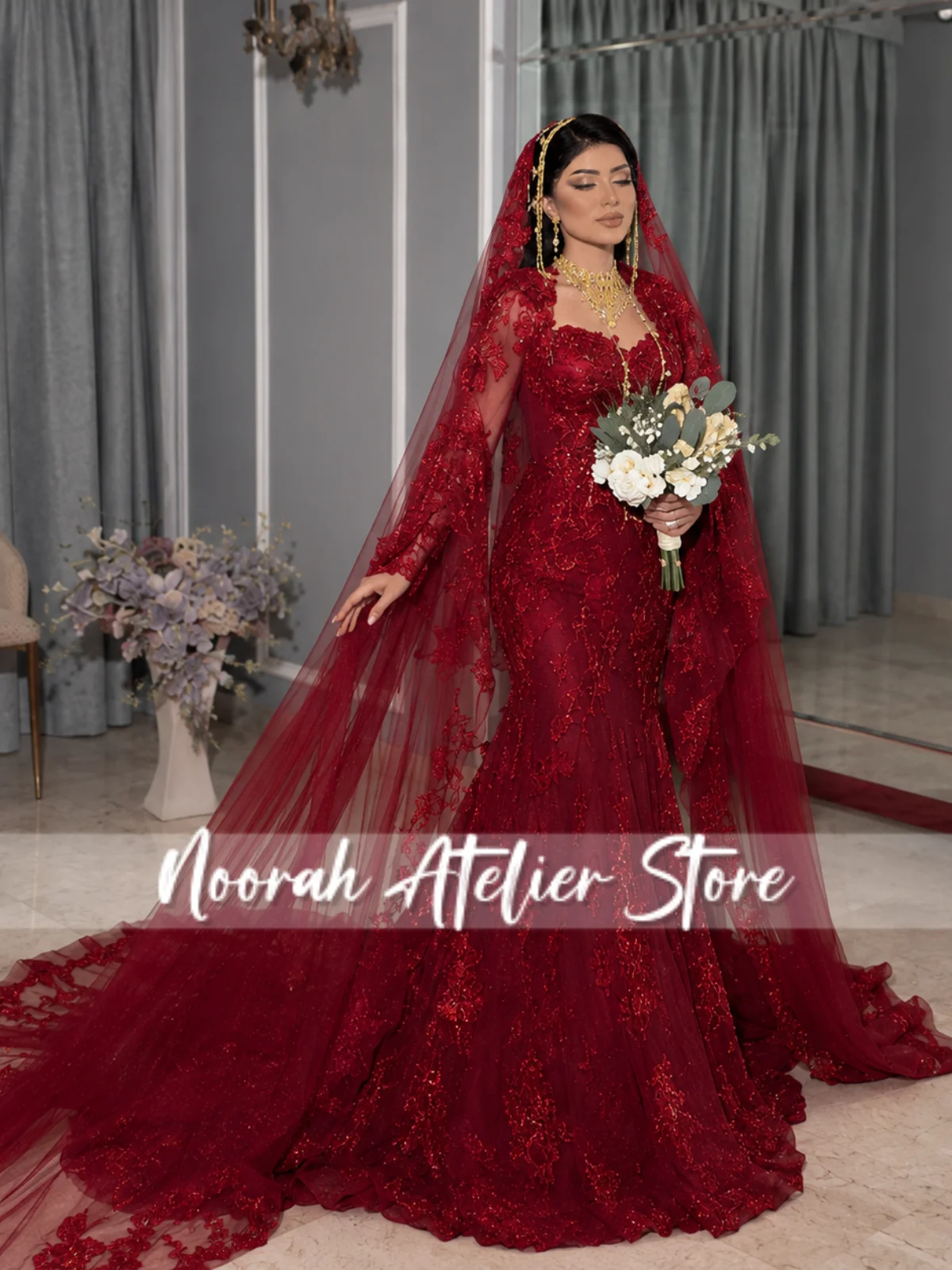 Red Lace Dubai Wedding Dress Long Sleeves Appliques Luxury Bridal Gown Tulle Veil Train Robe De Mariée Vestido Customized 2026