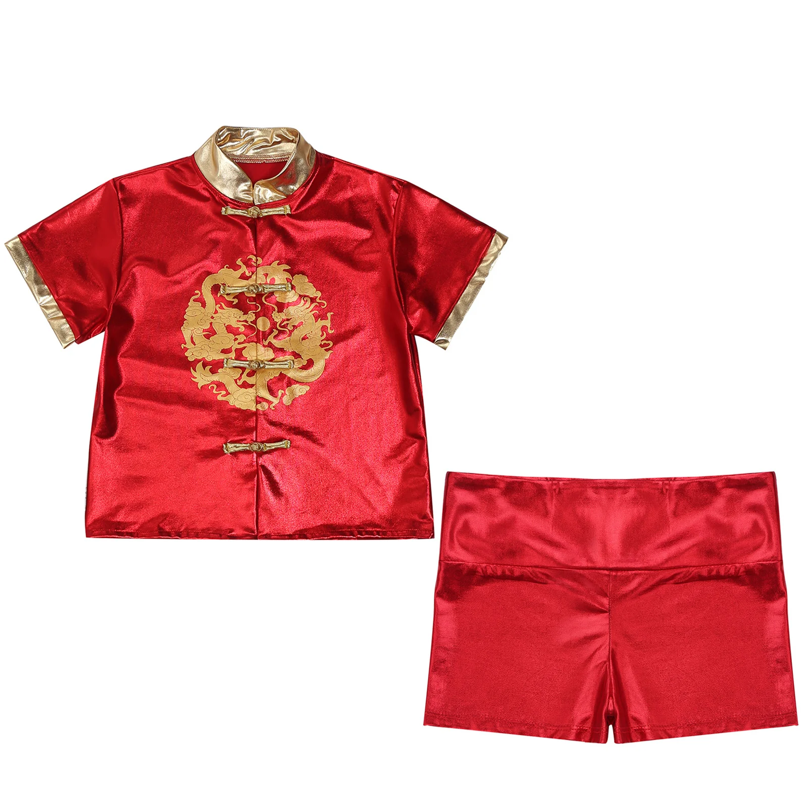 Disfraz tradicional chino para niños y niñas, ropa de Kung Fu, Tops metálicos con estampado de dragón, pantalones cortos, traje Tang de Año Nuevo