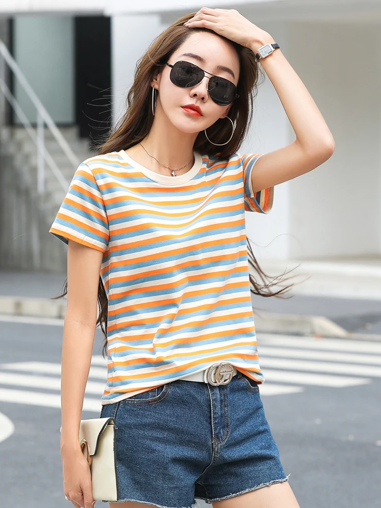 AOSSVIAO 2024 Summer Orange Blue Striped Cotton T-Shirts Women O-Neck Tshirts Female Short Sleeve Basic Fashion Classic Tops