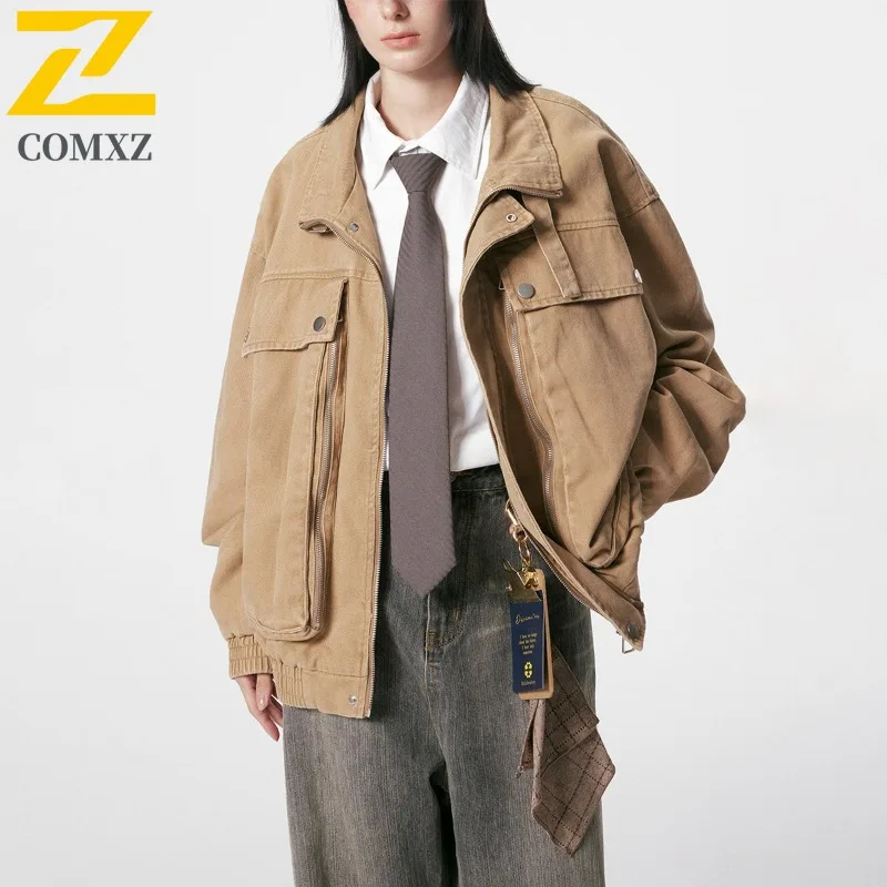 

COMXZ Мужская джинсовая ветровка, свободная куртка в гонконгском стиле, дорожная гоночная куртка для выходных, кемпинга, куртки Gorpcore