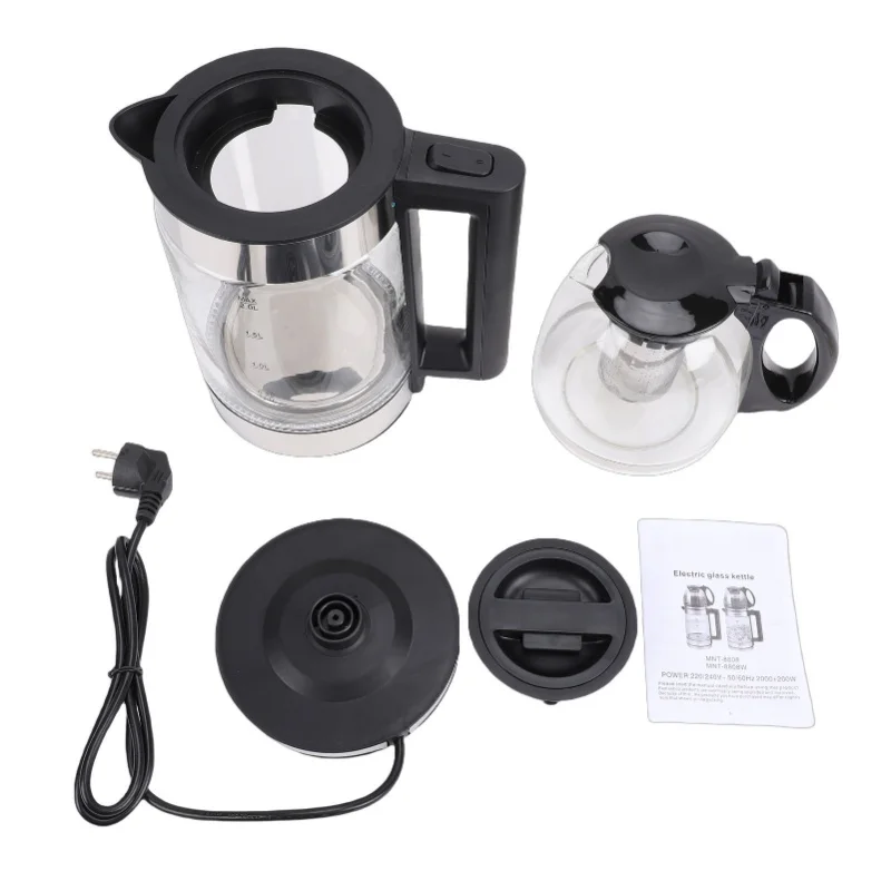 2000W Electric Turkish Tea Maker Glass Kettle 2L With 08L Infuser Teapot