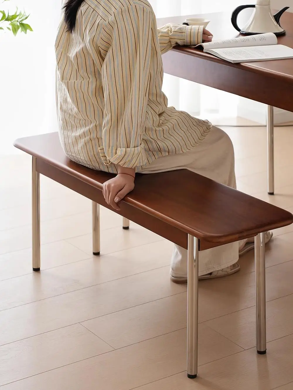 

Medium retro style solid wood tea dining table and chair benches bench end of bed ants changing shoes rivets stainless steel Fre