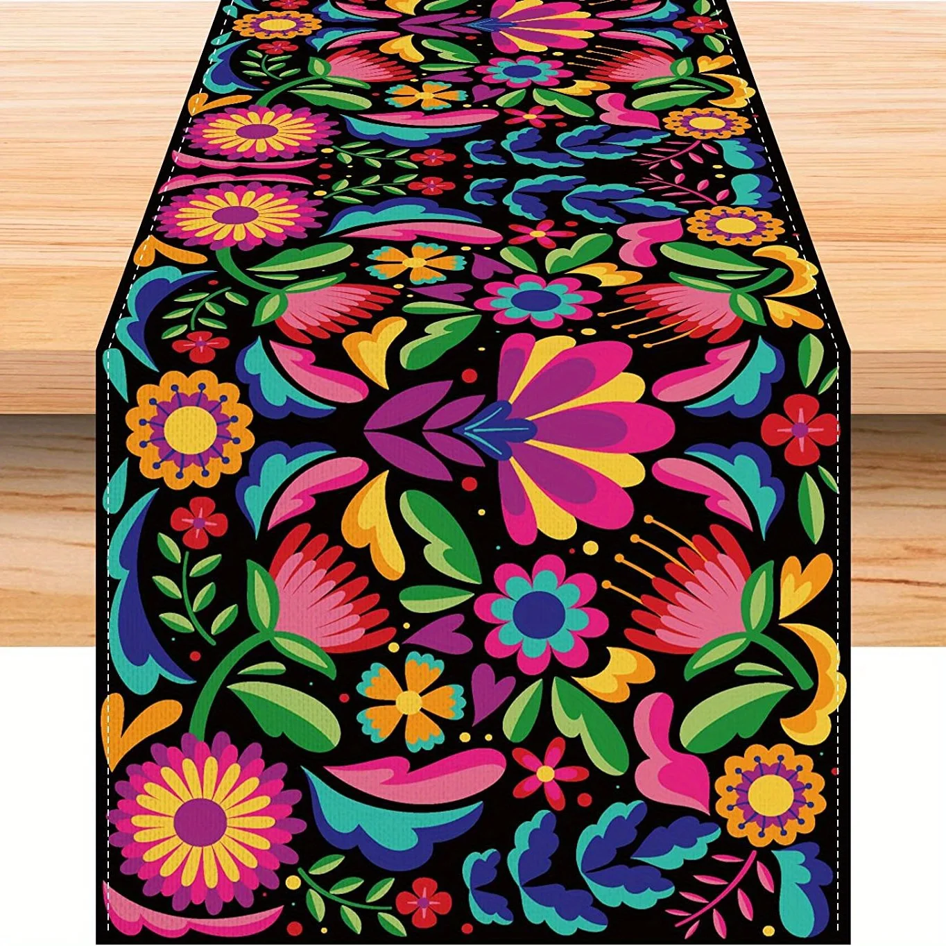 1 pieza de camino de mesa temático de estilo étnico bohemio mexicano, patrón de flores coloridas decorativas, adecuado para exposición de arte, fiesta folclórica, escenas de decoración de B&B.