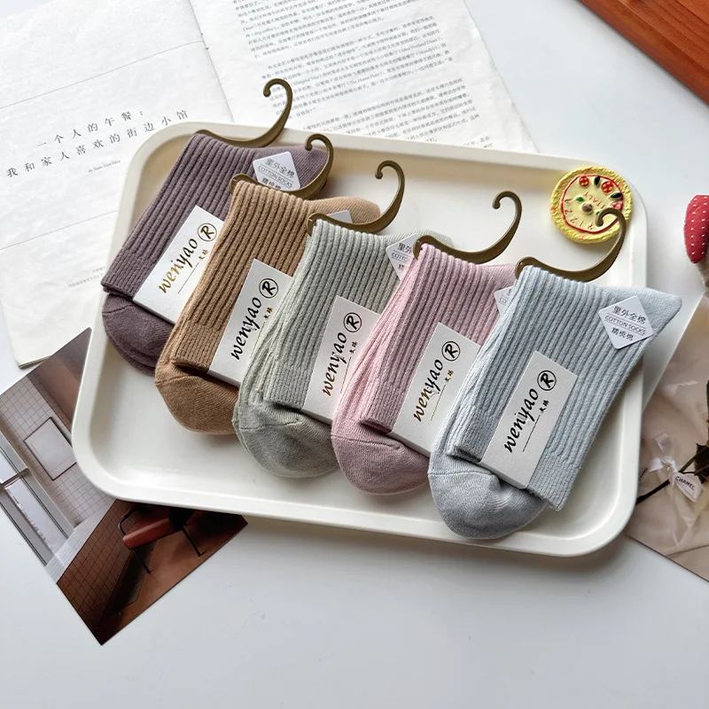 

5 Pairs Women's Socks Set Japanese Solid Color Comfortable Breathable Soft Pure Cotton Socks Simple Versatile Mid Tube Socks