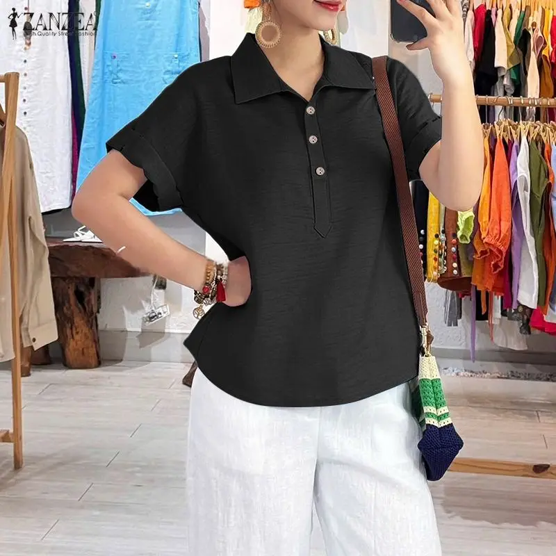 

Fashion Summer Lapel Neck Short Sleeve Blouse 2026 ZANZEA Office Women Tops Casual Solid Buttons Up Shirt Stylish Holiday Blusas