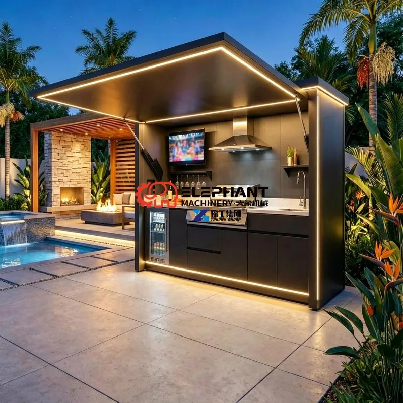 Modular Outdoor Kitchen Pod, Prefab Outdoor Kitchen Kits with Roof Sink Burners Storage Cabinet, Outdoor Backyard BBQ Cooking