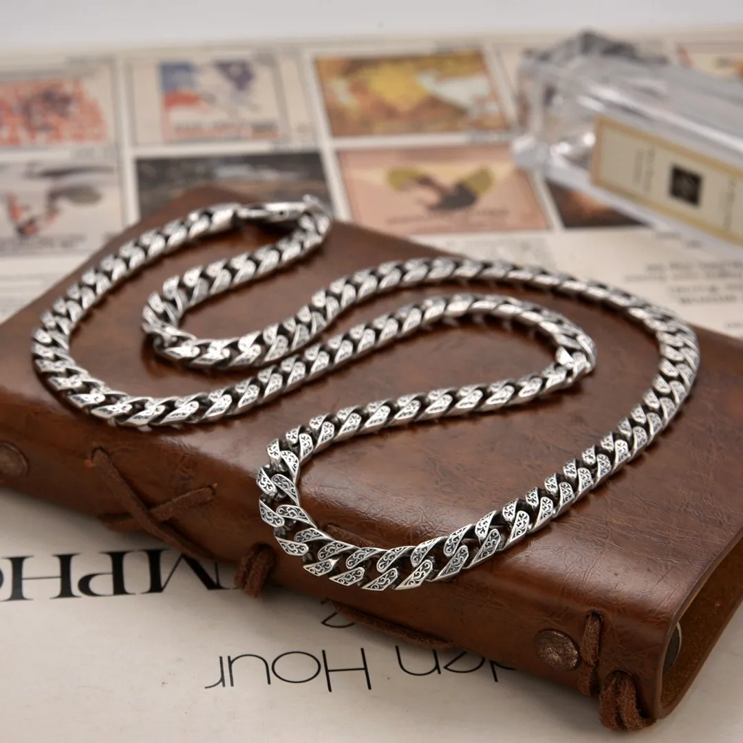 

High-grade rattan pattern vintage necklace niche 925 sterling silver men's thick type personality Cuban link chain sweater chain