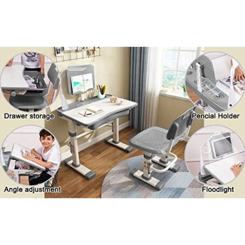 Altura ajustável Desk and Chair Set para crianças, gaveta de armazenamento, inclinação ajustável Table Top,Touch LED Light, Estudo Tabela