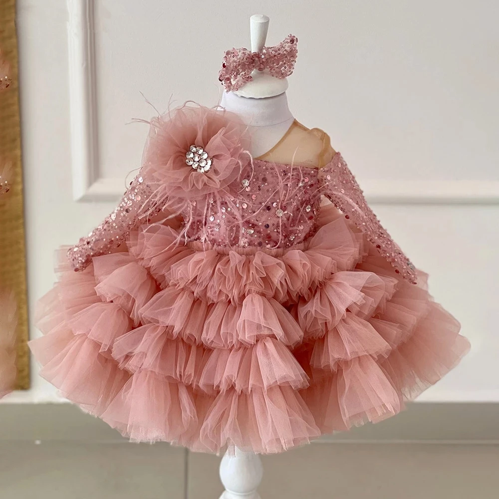 Luxury Flower Girl Dress Scoop Neck Puff Girls Party Dresses for Wedding Short Sleeves Tulle Kids Christmas Ceremonial Dress