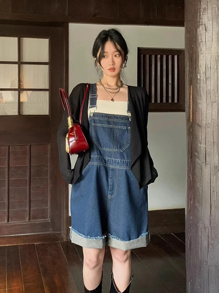 

American Retro Denim Overalls Women's Loose Wide Leg ort Pants High Waist Cotton Blend Summer New Sle Faionable