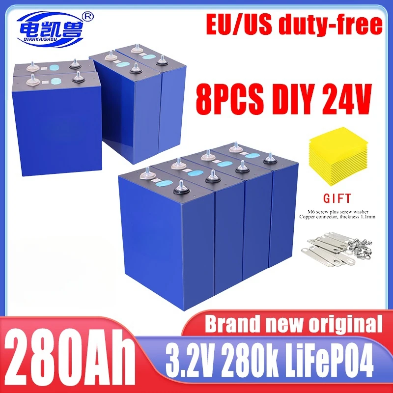 

NEW 8 PCS 3.2V 280Ah 280K LiFePO4 GRADE A Battery Cell 6000+ Cycle Grade A For DIY 12V 24V 48V Lithium Battery Pack NO TAX