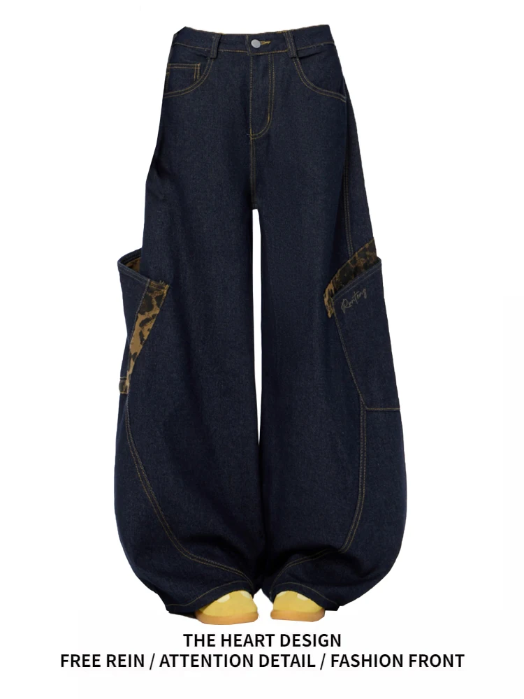 

Retro American Denim Knife Women's Jeans Autumn Winter New Leopard Print Patchwork Floor Length Casual Work Pants