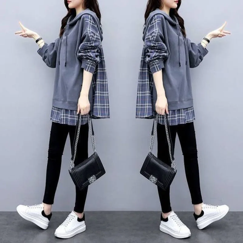 Loose Streetwear Thick Plaid Spliced Sweatshirts Two Fake Pieces Pullovers Hooded Mid-length Long Sleeve Wild Women\'s Clothing