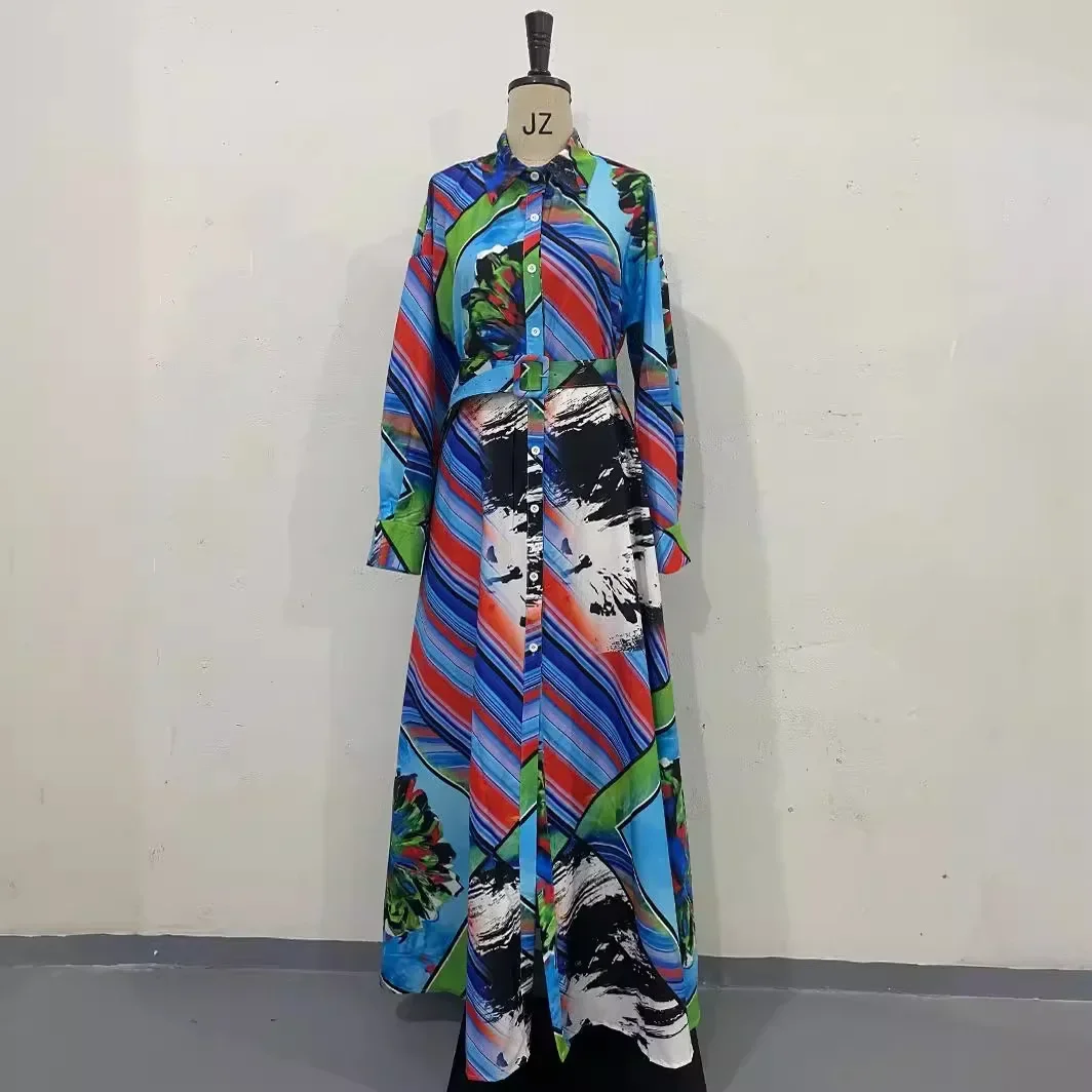 

Women Dresses Turn Down Collar Long Sleeve Print Dress Ankle Length Cardigan Vestidos Loose Single Breasted Casual Sashes 2025